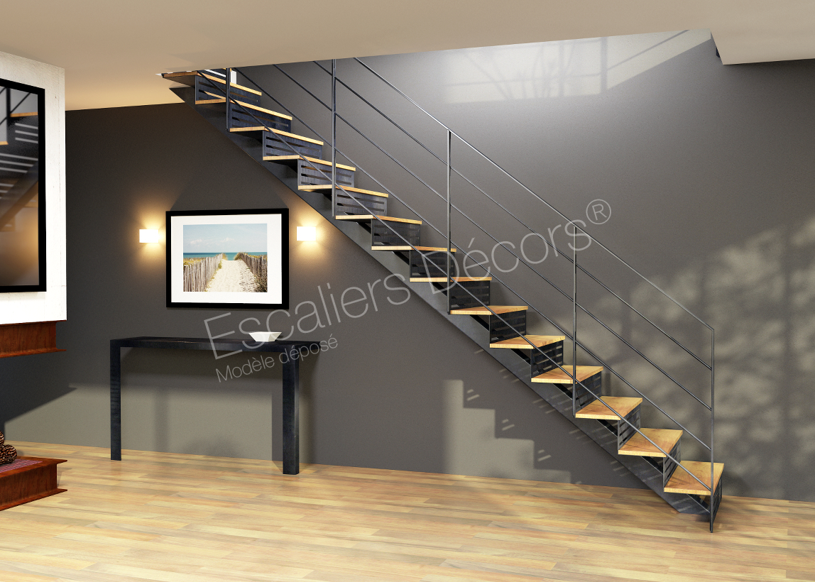 Photo DT126 - ESCA'DROIT® sur Limon Central. Escalier droit d'intérieur design en métal et bois pour une décoration contemporaine.