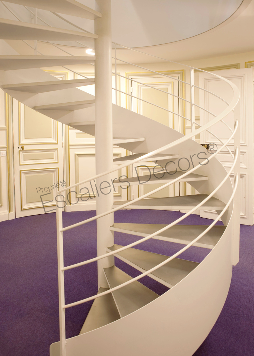 Photo IH74 - SPIR'DÉCO® Caisson Nanoacoustic®. Escalier intérieur métallique hélicoïdal de large diamètre pour une décoration contemporaine installé dans des bureaux. Vue 2