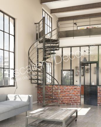 NOUVEAUTÉ - Photo SH50 - SPIR'DÉCO® Atelier Loft Escalier acier d'intérieur hélicoïdal semi-standard de notre gamme Initiale.