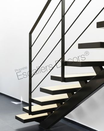 Photo DT119 - ESCA'DROIT® sur Limon Central. Escalier d'intérieur en acier et bois design installé dans une maison en bois.