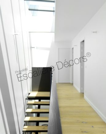 Photo DT119 - ESCA'DROIT® sur Limon Central. Escalier d'intérieur en acier et bois design installé dans une maison en bois. Vue 7