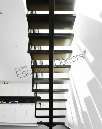 Photo DT119 - ESCA'DROIT® sur Limon Central. Escalier d'intérieur en acier et bois design installé dans une maison en bois. Vue 3