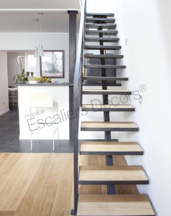 Photo DT79 - ESCA'DROIT® sur Limon Central. Escalier métal et bois d'intérieur au design contemporain. Vue 3.